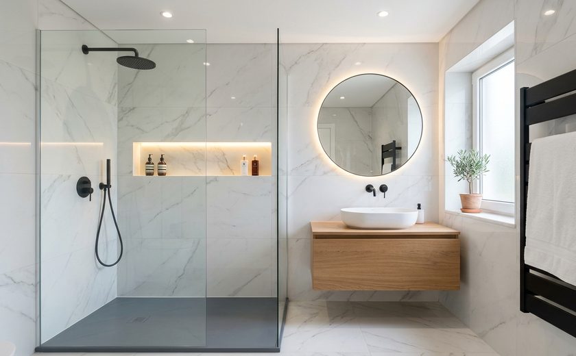 Brico Bom — Remodelação moderna de casa de banho com base de duche antiderrapante e revestimento cerâmico em Leiria